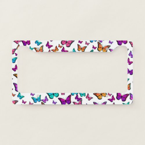 Colorful Butterfly White License Plate Frame