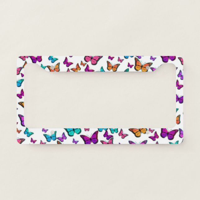 Colorful Butterfly White License Plate Frame (Front)