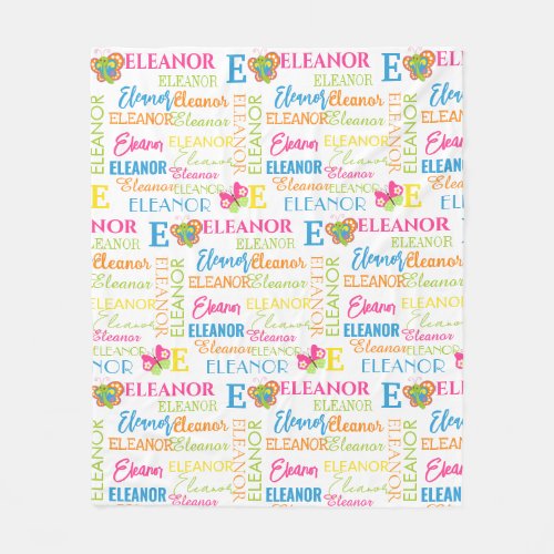 Colorful Butterfly with Name and Monogram Pattern Fleece Blanket