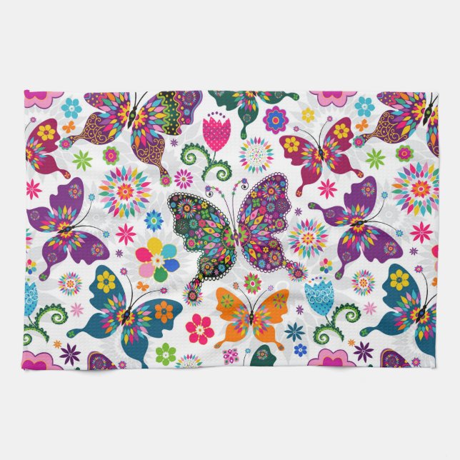 Colorful Butterfly's And Flowers Pattern Kitchen Towel (Horizontal)
