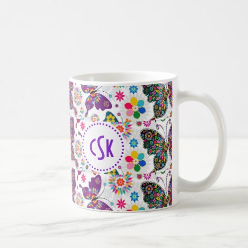 Colorful Butterflys  Flowers Pattern Monogramed Coffee Mug