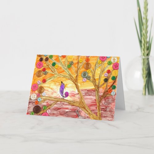 Colorful Button Tree  Little Bird Greeting Card