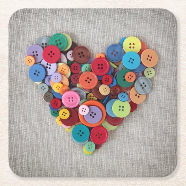 Colorful Buttons Heart Square Paper Coaster (Front)