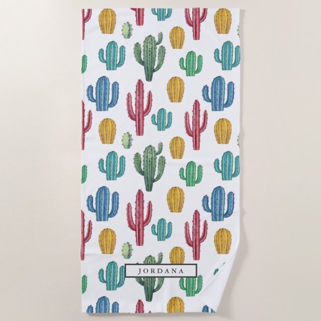 Colorful Cacti | Desert Theme Personalized Beach Towel (Front)