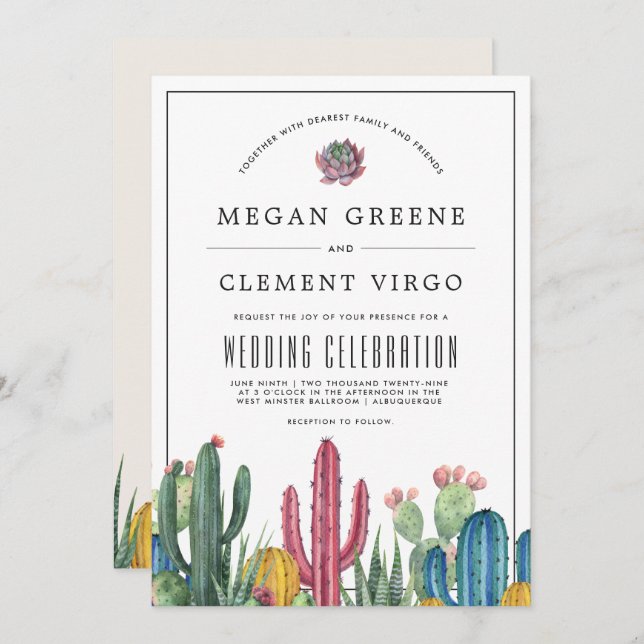 Colorful Cacti | Desert Theme Wedding Invitation (Front/Back)