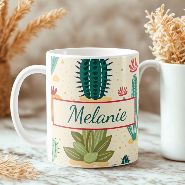 Colorful Cactus Floral Personalized Name Coffee Mug (Creator Uploaded)