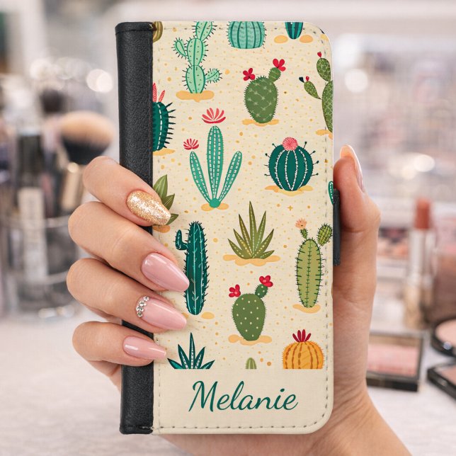 Colorful Cactus Floral Personalized Name iPhone Wallet Case (Creator Uploaded)