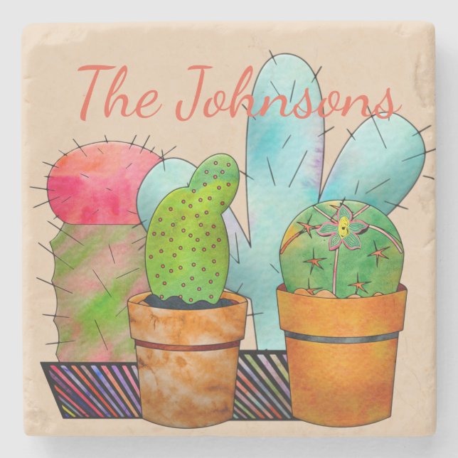 Colorful Cactus Garden Stone Coaster (Front)
