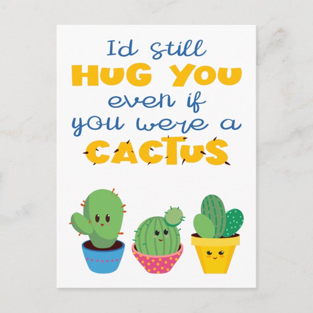 Colorful Cactus hugs modern fun Valentine Postcard (Front)