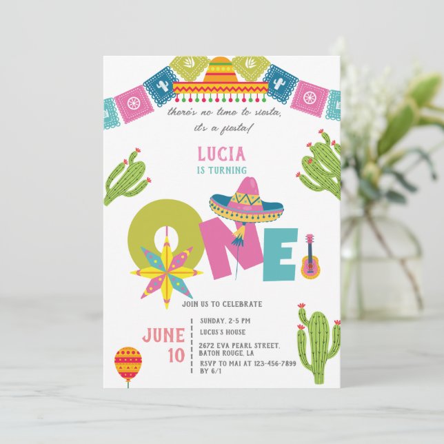 Colorful Cactus Mexican Fiesta First Birthday Invitation (Standing Front)