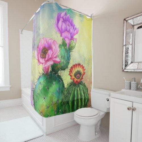 Colorful Cactus Shower Curtain Flowers Painting
