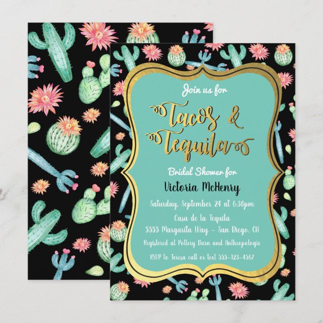 Colorful Cactus Tacos & Tequila Bridal Shower Invitation (Front/Back)
