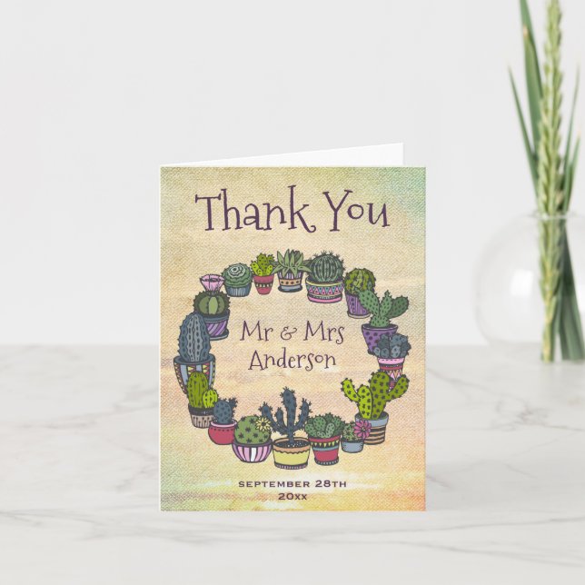 Colorful Cactus Weddomg Thank You Card (Front)