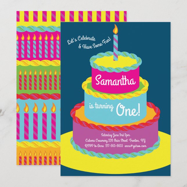 Colorful Cake1st Birthday Cute Invitations (Front/Back)