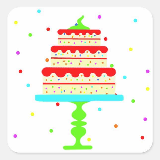 Colorful Cake and Confetti Children’s Birthday Square Sticker (Front)