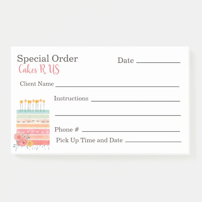 Colorful Cake Bakery Special Order Note Pad (Front)