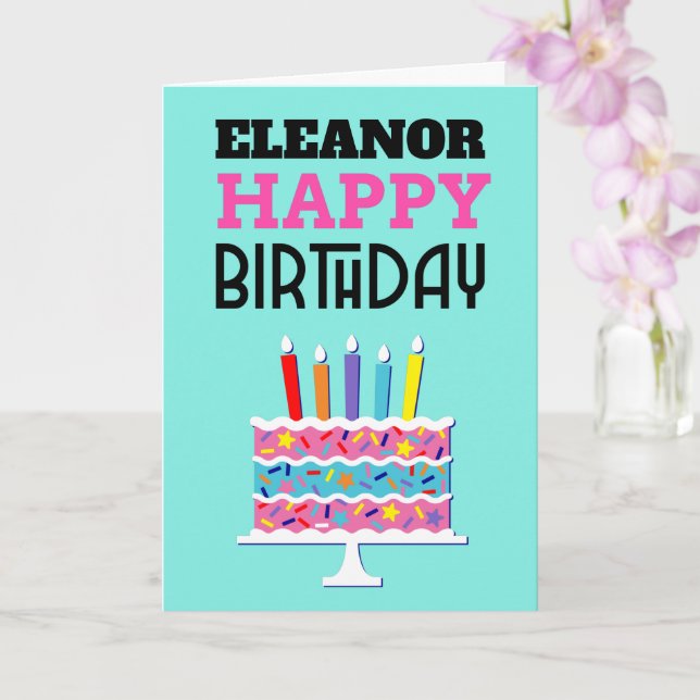 Colorful Cake Candles Name Happy Birthday Card (Orchid)