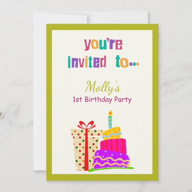 Colorful Cake Gift 1st Birthday Party Invitation  (Front)