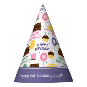 Colorful Cake Pattern Happy Birthday w/ Name Age Party Hat