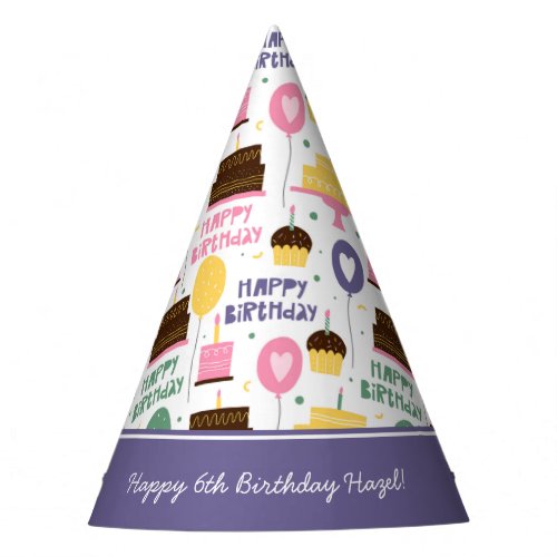 Colorful Cake Pattern Happy Birthday w Name Age Party Hat