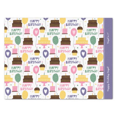 Colorful Cake Pattern Happy Birthday w Name Age Tissue Paper