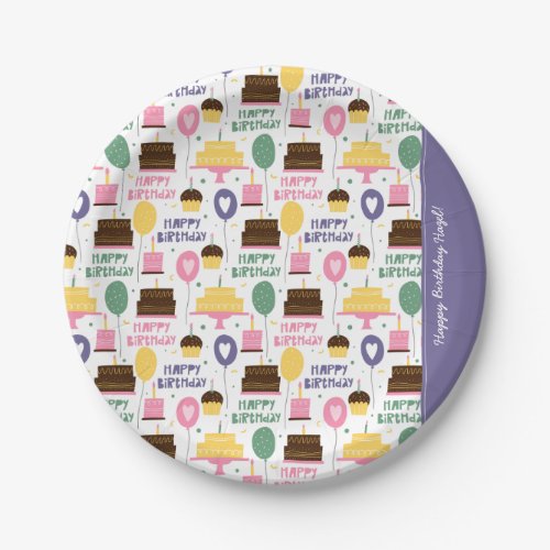 Colorful Cake Pattern Happy Birthday w Name Paper Plates