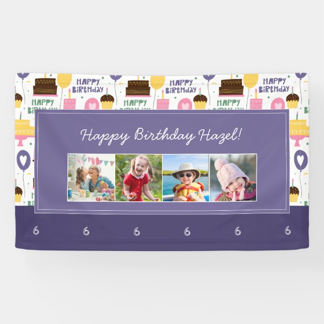 Colorful Cake Pattern Happy Birthday w/ Name Photo Banner (Horizontal)