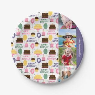 Colorful Cake Pattern Happy Birthday w/ Name Photo Paper Plates