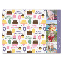 Colorful Cake Pattern Happy Birthday w/ Name Photo Tissue Paper