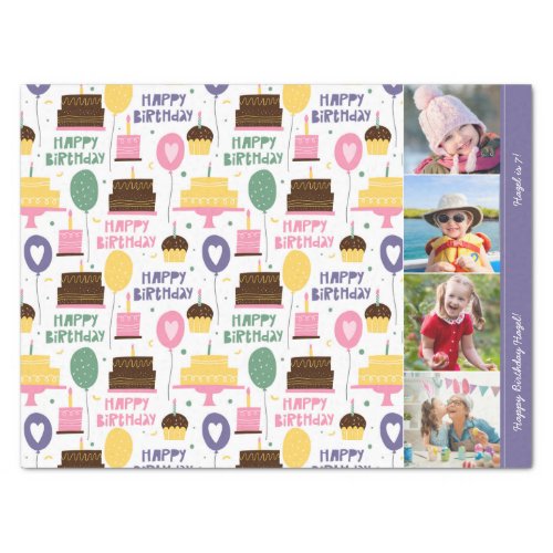 Colorful Cake Pattern Happy Birthday w Name Photo Tissue Paper