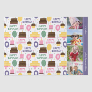 Colorful Cake Pattern Happy Birthday w/ Name Photo Tissue Paper