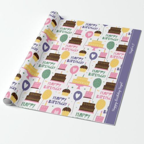 Colorful Cake Pattern Happy Birthday with Name Wrapping Paper