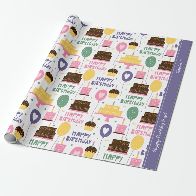 Colorful Cake Pattern Happy Birthday with Name Wrapping Paper (Unrolled)
