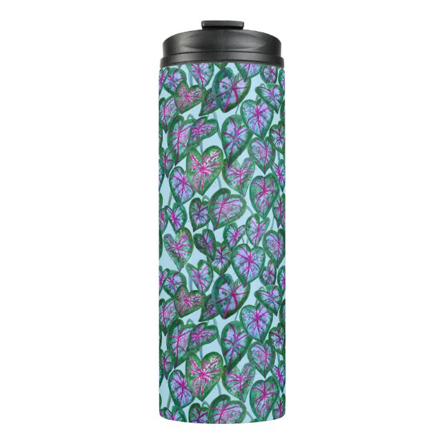 Colorful Caladiums Watercolor Leaf Pattern Pink Thermal Tumbler (Front)