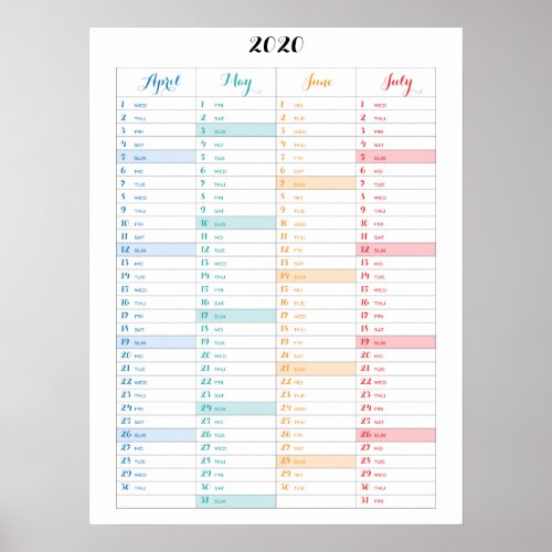 Colorful Calendar 2020 Poster Four Month