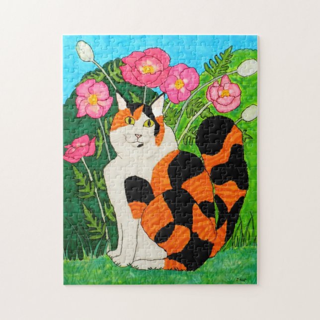 Colorful Calico Cat Pink Oriental Poppies Unique Jigsaw Puzzle (Vertical)