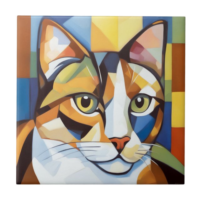 Colorful Calico Cubist Cat Ceramic Tile (Front)