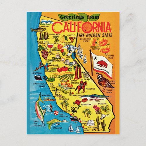 Colorful California Map Postcard