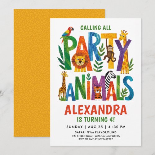 Colorful Calling All Party Animals Safari Wild Kid Invitation