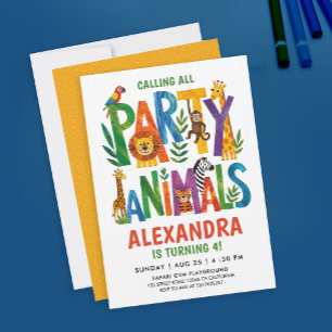 Colorful Calling All Party Animals Safari Wild Kid Invitation