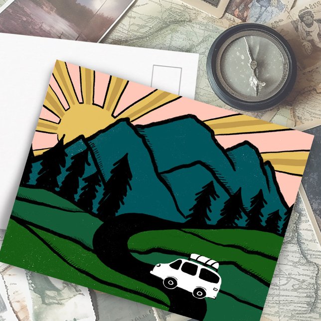Colorful Campervan Mountains Vanlife RV Sunrise Postcard (Colorful Campervan Mountains Vanlife RV Sunrise Postcard
)