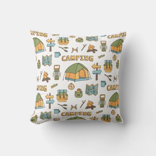 Colorful Camping Gear Pattern Throw Pillow