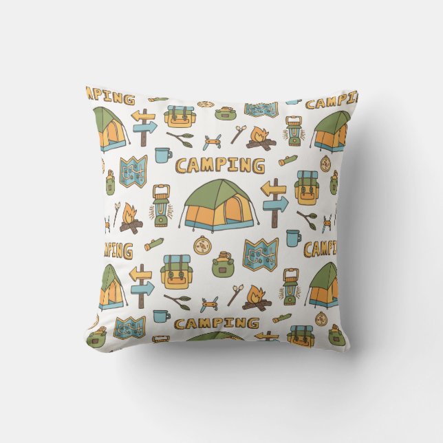 Colorful Camping Gear Pattern Throw Pillow (Front)
