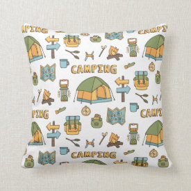 Colorful Camping Gear Pattern Throw Pillow