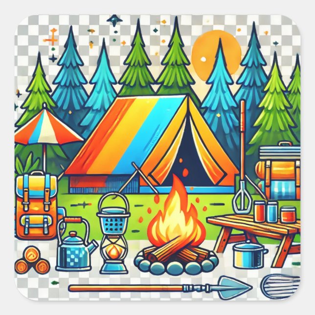 Colorful Camping Vibes – Adventure Awaits Square Sticker (Front)