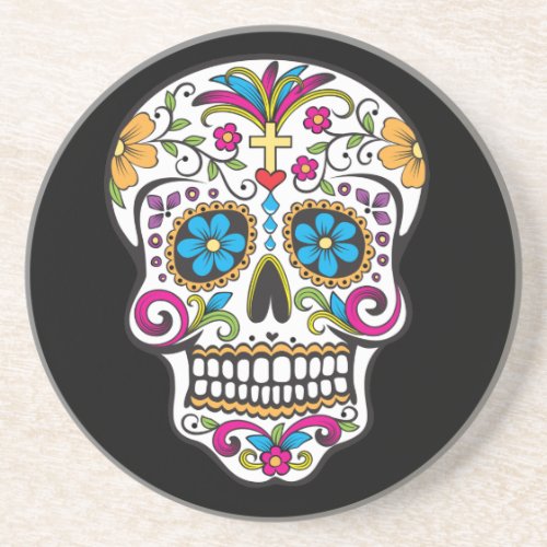 Colorful Candy and Sugar Skull Sandstone Coaster