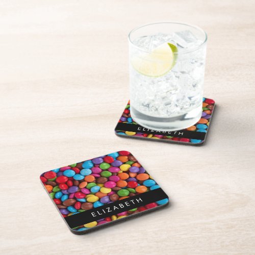 Colorful Candy Candy Buttons Sweets Your Name Beverage Coaster