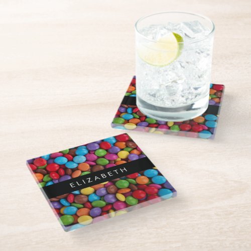 Colorful Candy Candy Buttons Sweets Your Name Glass Coaster