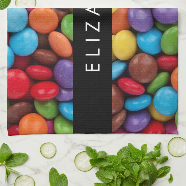Colorful Candy, Candy Buttons, Sweets, Your Name Kitchen Towel (Folded)
