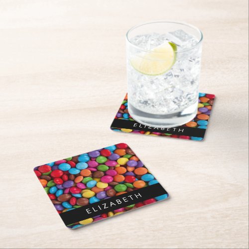 Colorful Candy Candy Buttons Sweets Your Name Square Paper Coaster